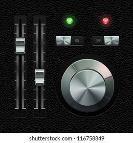 Hi-End UI Analog Volume Equalizer Level Mixer, Volume Knob Chrome On Leather Background. Metal Switch Button, Lamp, Bulb. Web Design Elements. Software Controls. Vector User Interface EPS10