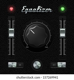 Hi-End UI Analog Volume Equalizer Level Mixer, Volume Plastic Knob Chrome On Leather Background. Metal Switch Button, Lamp, Bulb. Web Design Elements. Software Controls. Vector User Interface EPS10 