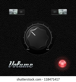 Hi-End UI Analog Volume Plastic Knob On Leather Background. Metal Chrome Button, Red Lamp, Bulb. Web Design Elements. Software Controls. Vector User Interface EPS10