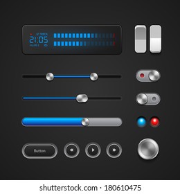 Hi-End User Interface Elements: Buttons, Switchers, On, Off, Player, Audio, Video: Play, Stop, Next, Pause, Volume, Equalizer, Power, Screen, Track, Slider, Progress Bar