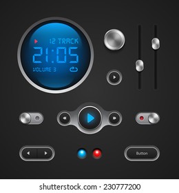 Hi-End User Interface Elements: Buttons, Switchers, On, Off, Player, Audio, Video: Play, Stop, Next, Pause, Volume, Equalizer, Power, Screen, Track 