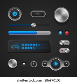 Hi-End User Interface Elements: Buttons, Switchers, On, Off, Player, Audio, Video: Play, Stop, Next, Pause, Volume, Equalizer, Power, Screen, Track 