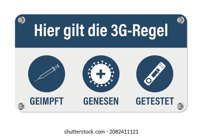 Hier gilt die 3G-Regel. Geimpft, genesen, getestet. Translation: the 3G rule applies here. Vaccinated, recovered, tested.