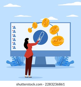 estructura o sistema financiero jerárquico, cadena de beneficios monetarios, afiliación a la empresa. mujer apuntando al diagrama de monedas en dólares. Concepto de marketing afiliado, ilustración vectorial plana moderna.