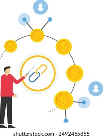 hierarchical financial system or structure, money profit chain, company affiliation. woman pointing at dollar coin diagram. Affiliate marketing concept, Modern flat colorful vector illustration.