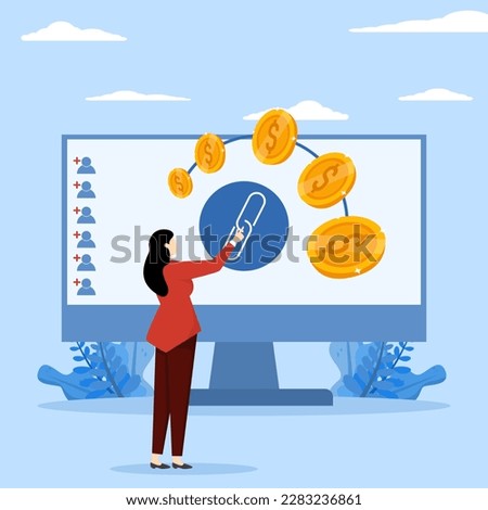 hierarchical financial system or structure, money profit chain, company affiliation. woman pointing at dollar coin diagram. Affiliate marketing concept, Modern flat colorful vector illustration.