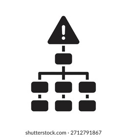 Diagrama de estructura de diagrama de flujo jerárquico con un símbolo de alerta de advertencia en la parte superior que indica un error crítico del sistema.