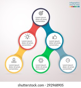 Hierarchical infographics step by step. Universal abstract element of chart, graph, diagram with 6 options, parts, processes connected via bone. Vector business template for presentation.