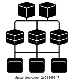 Hierarchical network diagram, black and white icon, cube nodes, connected levels, simplified geometric shapes, minimalist design,