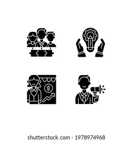 Hierarchical org structure black glyph icons set on white space. Teamwork, collaboration. Development department. Sales driving. Promotion, marketing. Silhouette symbols. Vector isolated illustration