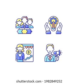 Hierarchical org structure RGB color icons set. Teamwork, collaboration. Development, creative departments. Sales driving. Promotion, marketing. Generating ideas. Isolated vector illustrations