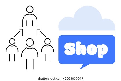 Hierarchical structure with a central figure overseeing others on the left, next to a cloud symbol containing the word Shop in a speech bubble. Ideal for business, organization, e-commerce, online
