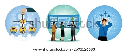 A hierarchy or business team structure with duties and responsibilities. Data analysis and marketing research. An entrepreneur experiences stress due to excessive workload and overthinking.
