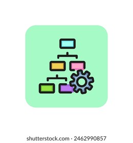 Gráfico de jerarquías con icono de línea de engranajes. Diagrama de flujo, rueda dentada, esquema. Concepto de tecnología digital. Se puede utilizar para temas como sistema de archivos, estructura de base de datos, administración de datos