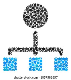 Hierarchy collage of dots in various sizes and color hues. Round dots are organized into hierarchy vector mosaic. Vector design concept.