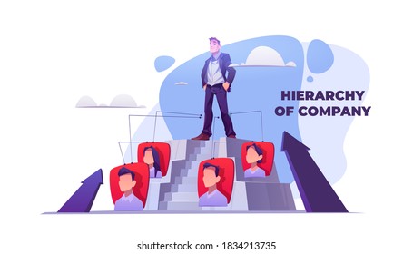 Hierarchy of company. Organization of team structure in corporate business. Vector banner with cartoon illustration of man on top of career pyramid. Flow chart of manager and employees