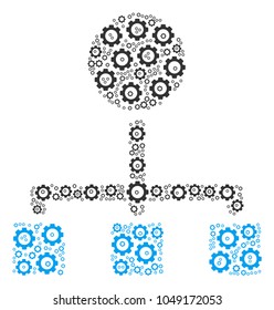 Hierarchy composition of cog wheels. Vector tooth gear symbols are grouped into hierarchy collage.