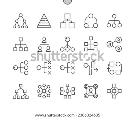 Hierarchy. Corporate organisation. Teamwork, relations, process. Pixel Perfect Vector Thin Line Icons. Simple Minimal Pictogram