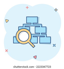 Hierarchy diagram icon in comic style. Structure search cartoon vector illustration on white isolated background. Organization workflow splash effect business concept.