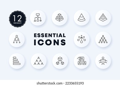 Hierarchy diagrams set icon. Subordinates, causal relationships, workers, employees, boss, manager, delegation, workflow, teamwork. Business concept. Neomorphism style. Vector line icon for business