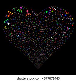 Hierarchy fireworks with heart shape. Vector illustration style is flat bright multicolored iconic symbols on a black background. Object love heart done from confetti design elements.