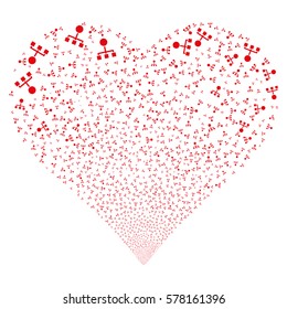 Hierarchy fireworks with heart shape. Vector illustration style is flat red iconic symbols on a white background. Object heart created from confetti pictographs.