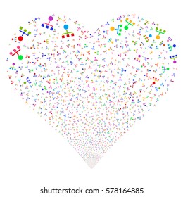Hierarchy fireworks with heart shape. Vector illustration style is flat bright multicolored iconic symbols on a white background. Object heart constructed from scattered symbols.