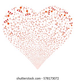 Hierarchy fireworks with heart shape. Vector illustration style is flat intensive red and orange iconic symbols on a white background. Object salute constructed from confetti pictograms.