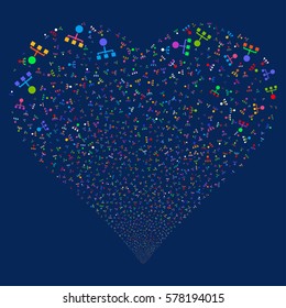 Hierarchy fireworks with heart shape. Vector illustration style is flat bright multicolored iconic symbols on a blue background. Object stream done from random icons.