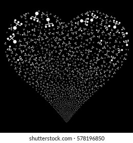 Hierarchy fireworks with heart shape. Vector illustration style is flat white iconic symbols on a black background. Object stream done from confetti icons.