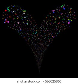 Hierarchy fireworks stream. Vector illustration style is flat bright multicolored iconic symbols on a black background. Object double fountain organized from random icons.