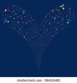 Hierarchy fireworks stream. Vector illustration style is flat bright multicolored iconic symbols on a blue background. Object double fountain combined from random pictographs.