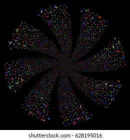 Hierarchy fireworks swirl rotation. Vector illustration style is flat bright multicolored iconic symbols on a black background. Object twirl done from random symbols.