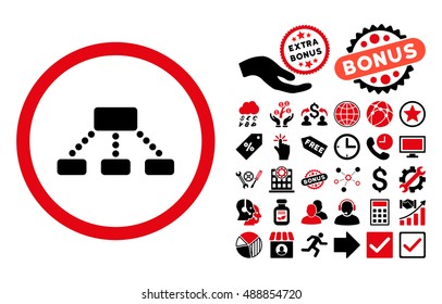 Hierarchy icon with bonus images. Vector illustration style is flat iconic bicolor symbols, intensive red and black colors, white background.