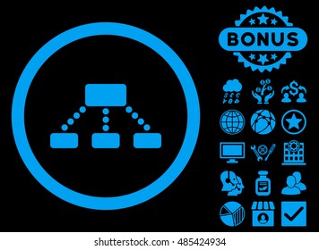 Hierarchy icon with bonus symbols. Vector illustration style is flat iconic symbols, blue color, black background.
