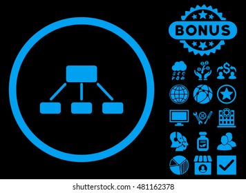 Hierarchy icon with bonus. Vector illustration style is flat iconic symbols, blue color, black background.