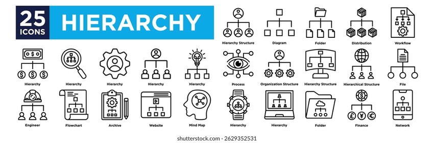 conjunto de coleta de ícone de hierarquia. Contendo estrutura hierárquica de design, diagrama, pasta, distribuição, fluxo de trabalho