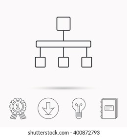 Hierarchy icon. Organization chart sign. Database symbol. Download arrow, lamp, learn book and award medal icons.