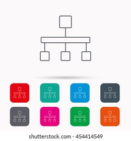 Hierarchy icon. Organization chart sign. Database symbol. Linear icons in squares on white background. Flat web symbols. Vector