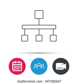 Hierarchy icon. Organization chart sign. Database symbol. Group of people, video cam and calendar icons. Vector