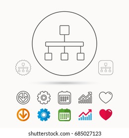 Hierarchy icon. Organization chart sign. Database symbol. Calendar, Graph chart and Cogwheel signs. Download and Heart love linear web icons. Vector