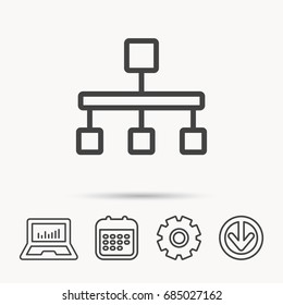 Hierarchy icon. Organization chart sign. Database symbol. Notebook, Calendar and Cogwheel signs. Download arrow web icon. Vector