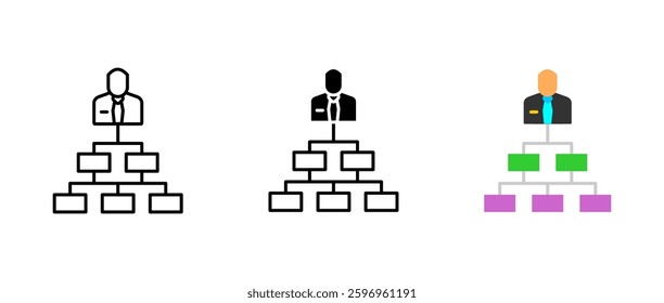 Hierarchy icon set. Corporate structure and business sign. Organization chart, leadership, and workflow symbol. Management, planning, and team pictogram.