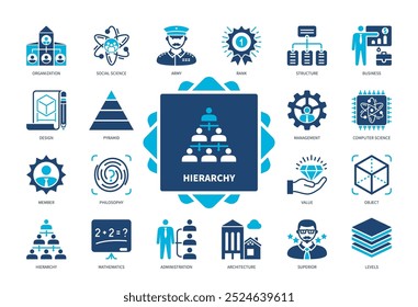 Conjunto de ícones de hierarquia. Estrutura, Pirâmide, Gerenciamento, Superior, Níveis, Administração, Organização, Membro. Ícones sólidos de cor duotônica