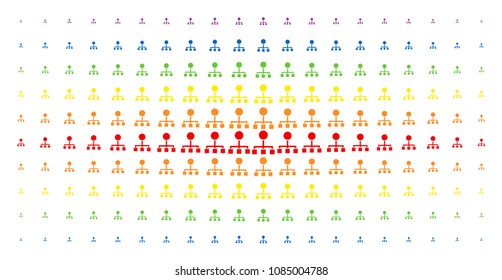 Hierarchy icon spectral halftone pattern. Vector hierarchy shapes are organized into halftone grid with vertical rainbow colors gradient. Constructed for backgrounds, covers,
