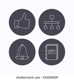 Hierarchy, like and bell icons. Book linear sign. Flat icons in circle buttons on white background. Vector