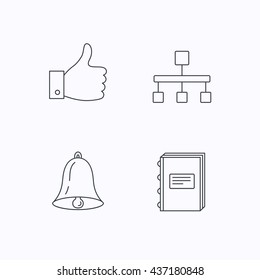 Hierarchy, like and bell icons. Book linear sign. Flat linear icons on white background. Vector