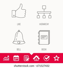 Hierarchy, like and bell icons. Book linear sign. Edit document, Calendar and Graph chart signs. Star, Check and House web icons. Vector