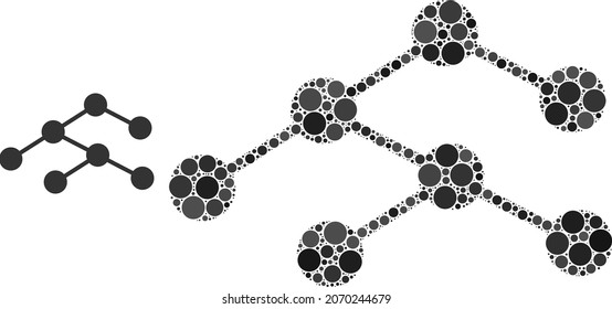 Hierarchy links vector collage of circle dots in variable sizes and color shades. Circle dots are composed into hierarchy links vector collage. Abstract vector design concept.