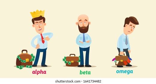 The hierarchy of men by income. Alpha, beta and gamma male graduation. Business leader, middle and loser. Male psychology. Business vector illustration, flat design cartoon style. Isolated background.